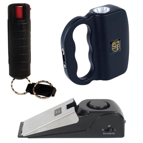 Urban Survival Kit with black quick release wildfire pepper, rechargeable flashlight talon stun gun and super door stop alarm