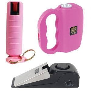 Urban Survival Kit with pink quick release wildfire pepper, rechargeable flashlight talon stun gun and super door stop alarm